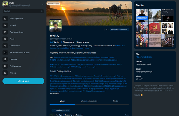 Mój profil na Mastodonie w pl-fe, ciemna (nie czarna) kolorystyka