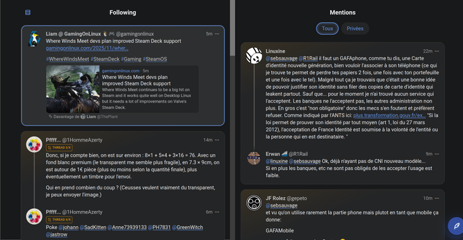 Capture d'écran de Phanpy, montrant deux colonnes (gauche : timeline, droite:mentions).