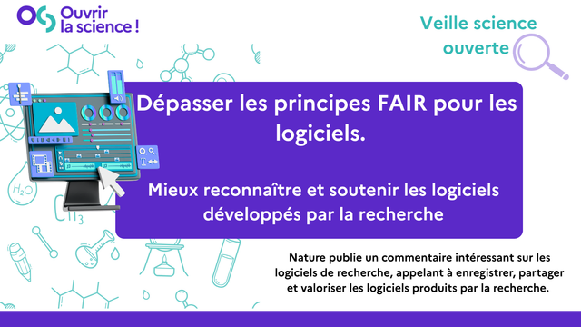 Image qui annonce la publication par nature d' un commentaire intéressant sur les logiciels de recherche, appelant à enregistrer, partager et valoriser les logiciels produits par la recherche. 