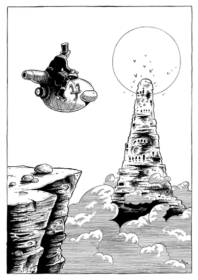 Un personnage habillé à la mode du 19ème siècle et coiffé d'un chapeau haut-de- forme, survole une falaise à bord d'une machine volante. Au loin, émergeant des nuages on aperçoit les ruines d'une tout de pierre antique. Autour de son sommet volent des nuées d'oiseaux.

A figure dressed in 19th-century fashion and wearing a top hat flies over a cliff in a flying machine. In the distance, emerging from the clouds, are the ruins of an ancient stone tower. Flocks of birds fly around its summit.