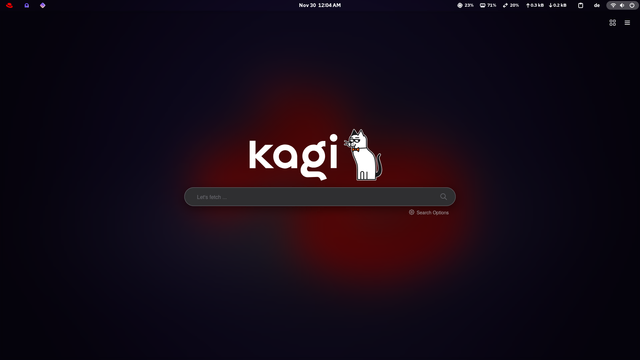 Transparent Kagi Website in Zen Browser with a Cat on Red Hat Enterprise Linux