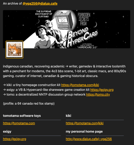 a user profile page for @vga256@dialup.cafe.

it shows the user's profile pic (a fox) and a background banner (a beyond hypercard screenshot, drawn by robin miller)