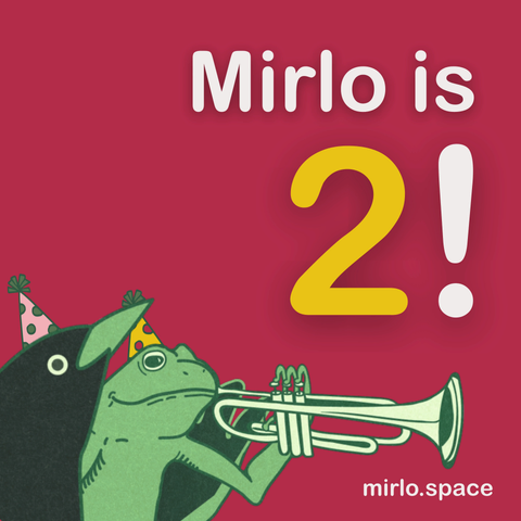 A GIF with party poppers animated, showing blackbird and froggy celebrating Mirlo being two years old. They are wearing decorated party hats.