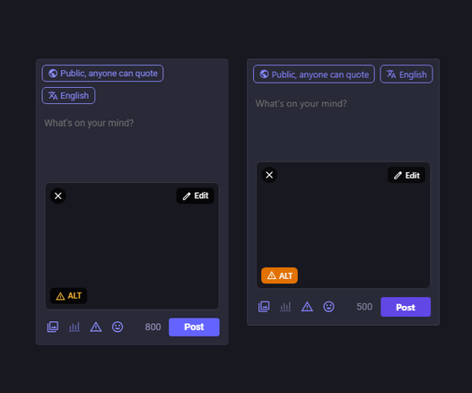 A comparison of two versions of Mastodon's interface for composing a new post.

The original "missing alt text" badge in the bottom left corner uses orange text with dark background for its  "warning" icon (an exclamation point inside a triangle) and the capitalized letters ALT.

The updated version uses an orange background and white text, making it stand out more.