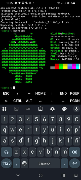 Termux on Android showing basic commands and neofetch