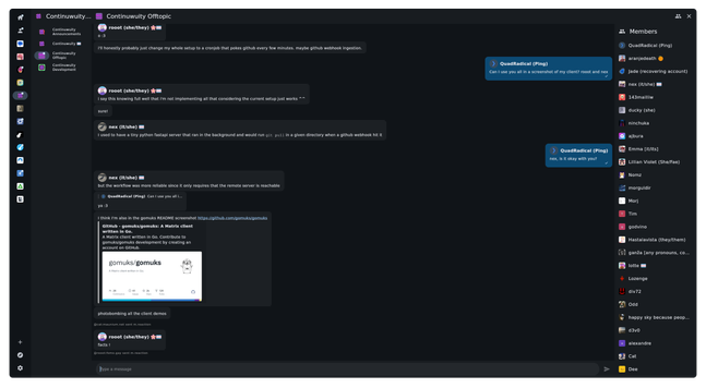 Screenshot of Nexus Client in dark mode, showing users talking, with a sidebar showing rooms and spaces, and another sidebar showing members