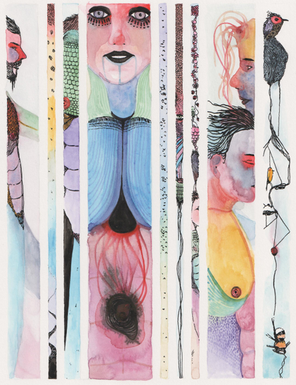 On entrevoit des personnages humains et des oiseaux, ainsi qu'un bourdon dans de fines bandes de dessins verticales.