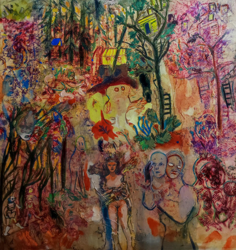 Dessins, de multiples personnages, réalistes ou enfantin des arbres et des échelles