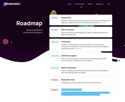 Screenshot from the mastodon roadmap 

Roadmap

Here's a glimpse of what we're working on
Released
Quote Posts

Version 4.5: Users can now quote others posts. Users can opt out entirely from all quoting or remove themselves from a quoted post if they wish. Learn more.
Released
Fetch all replies

Version 4.5: No more missing replies to your posts! Threads now search for all replies and display them.
Next release
Collections

Version 4.6: Users and admins can create a collection of accounts they recommend. This allows both new and existing user to easily follow a range of curated users quickly. Learn more.
Next release
Institution support

Version 4.6: Allow institutions more control over the landing page and allow visitors to sign up for updates with an email account.
Next release
Better onboarding

Version 4.6: Make improvements to how new users first arrive on Mastodon so they understand what that can do easily.
Exploring
Moderation tools

Looking at ways to make moderation easier, e.g. shared block lists.
Exploring
Simplify Private Mentions

Make Private Mentions calmer, more like chat messages. Remove them from the public feed (which scares people) and have better notifications.