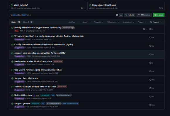 Screenshot of open E2EE issues in the github mastodon repo