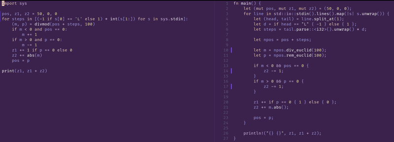 AOC 2025 Day 1 Solutions in Python and Rust