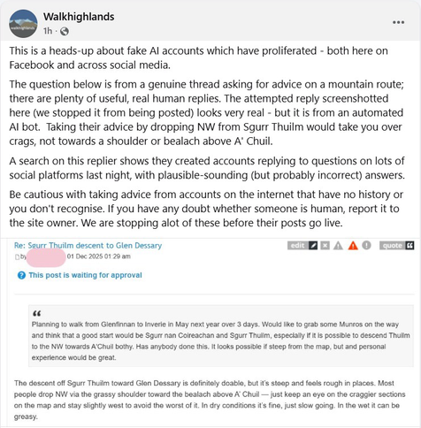 WalkHighland is warning climbers to check advice from online sources, following an AI posting potentially lethal route advice.
