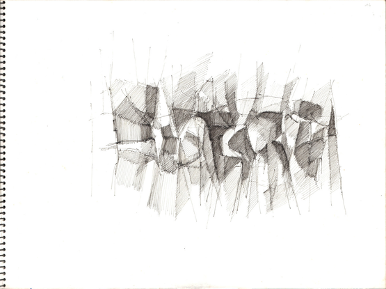 Dessin abstrait sur un grand carnet à dessin, dans le sens paysage ; Ombrages qui modèlent un entrecroisement de lignes en volume