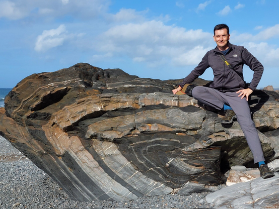 A Variscan chevron fold deforming Carboniferous turbidites in Devon, UK. Oh, and me posing on top of it.