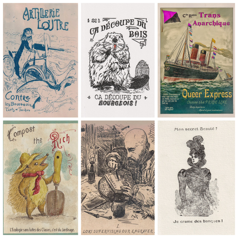Montage avec plusieurs de mes créations qui entourent un dessin de ma tronche en train de graver. Il y a une loutre antifa, un castor anticapitaliste, un navire sous pavillon queer, un hérisson écolo radical et une femme coquette et pyromane.