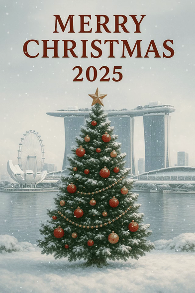 雪が降る風景の中、水辺に立つ大きなクリスマスツリー。赤と金のオーナメントで飾られ、頂上に星が輝いている。背景にはシンガポールのマリーナ・ベイ・サンズや観覧車が見え、上部には「Merry Christmas 2025」の文字が描かれている。