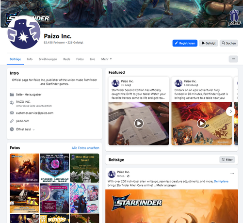 The Paizo Facebook page, showing their latest news and products.