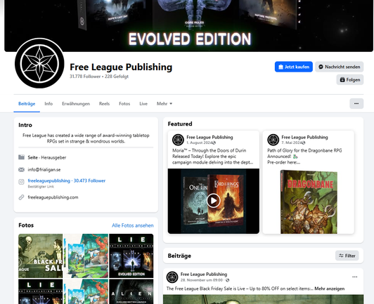 The Facebook Business page for Free League Publishing.