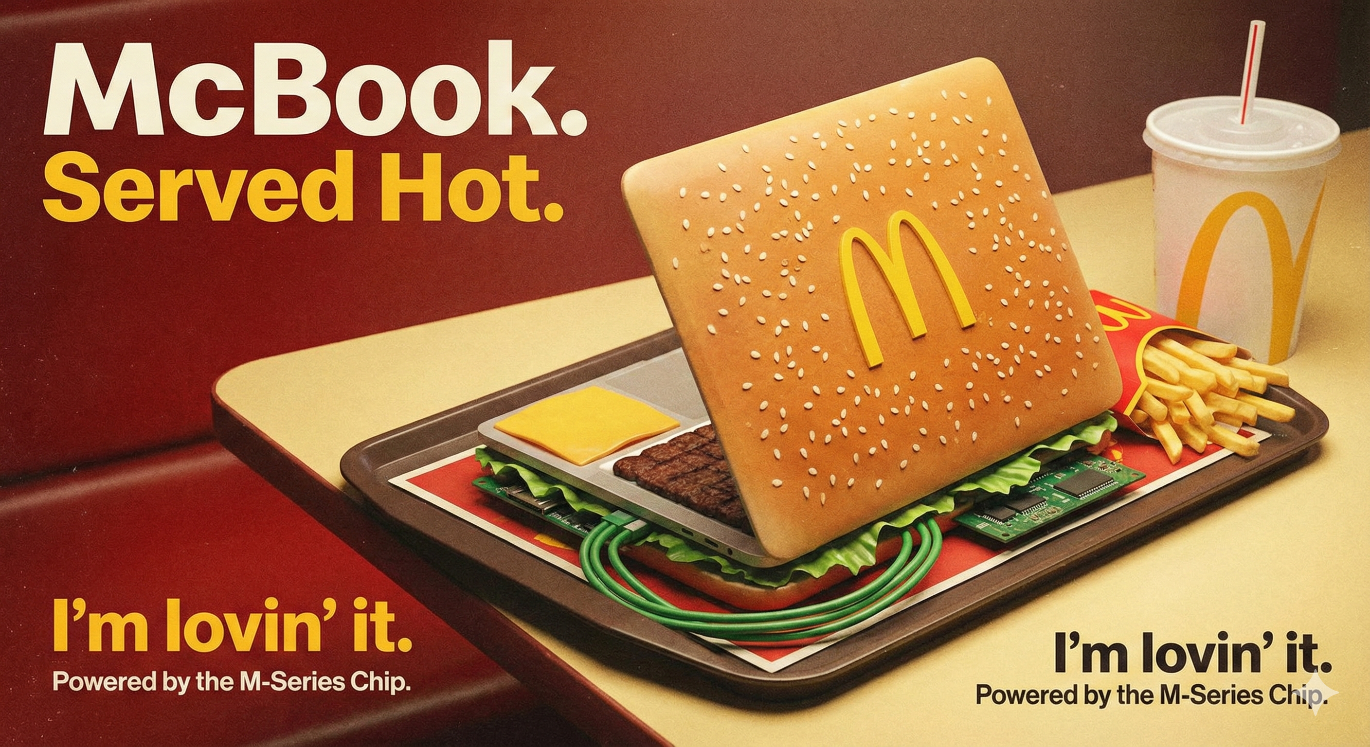 A satirical advertisement poster showing a McDonald's meal where the burger has been replaced by an open laptop designed to look like a cheeseburger. The laptop lid is a sesame seed bun with a yellow Golden Arches logo, the keyboard area is a beef patty with lettuce and cheese, and green wires act as garnish. It rests on a tray with french fries and a drink in a McDonald's booth. Text on the poster reads “McBook. Served Hot.” and “I'm lovin' it. Powered by the M-Series Chip.”