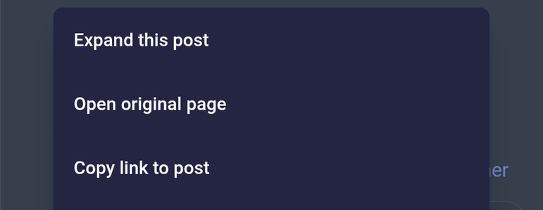 A Mastodon menu that pops up when clicking on another user's post, showing the options:

"Expand this post
Open original page
Copy link to post"