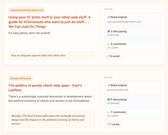 a screenshot of the Traverse page, showing 2 link cards, with some commentary as well as the comments on Leaflet, posts on bluesky and saves on Semble