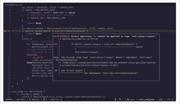 Screenshot of neovim with rust code showing a floating window with a compiler error.