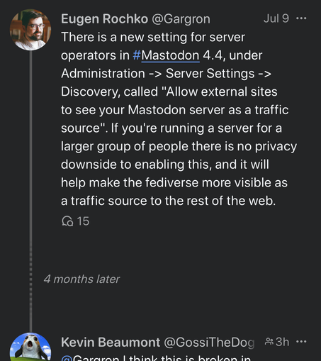 A post by eugen, with a late reply separated by a gap in the timeline that is labeled “4 months later”