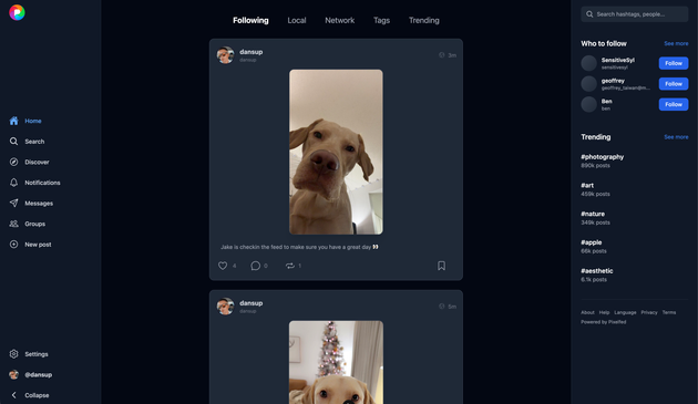 New Pixelfed web user interface in dark mode with stories disabled
