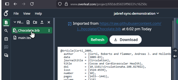 Screenshot of Overleaf showing a sample bib file pulled from a GitHub repository