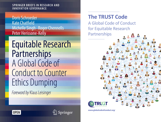 Side-by-side covers of two TRUST Project publications: the book Equitable Research Partnerships: A Global Code of Conduct to Counter Ethics Dumping and The TRUST Code: A Global Code of Conduct for Equitable Research Partnerships, featuring abstract illustrations and the TRUST logo.
