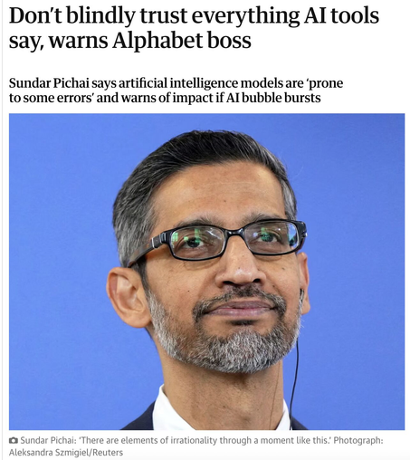 Don't blindly trust everything AI tools say, warns Alphabet boss.
