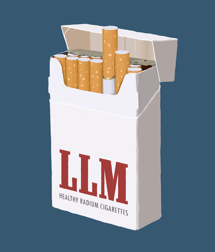 Painting of a white pack of cigarettes on a dark blue background. The front of the pack says “LLM” in dark red slab-serif letters, underneath it is a line of dark grey sans-serif text saying “healthy radium cigarettes”.