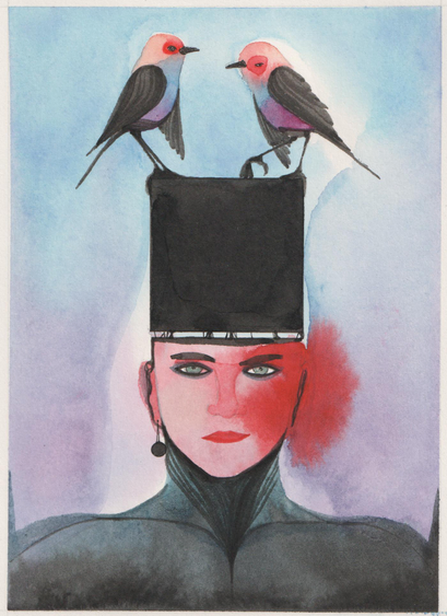 Un visage dont la partie supérieure se transforme en un carré noir sur lequel se trouve deux oiseaux