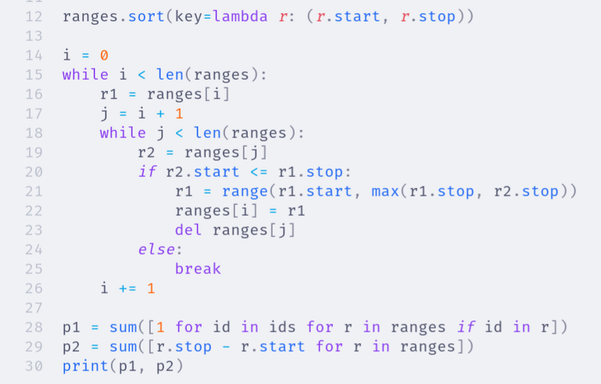 Screenshot of Python solution to Day 5 of AOC 25