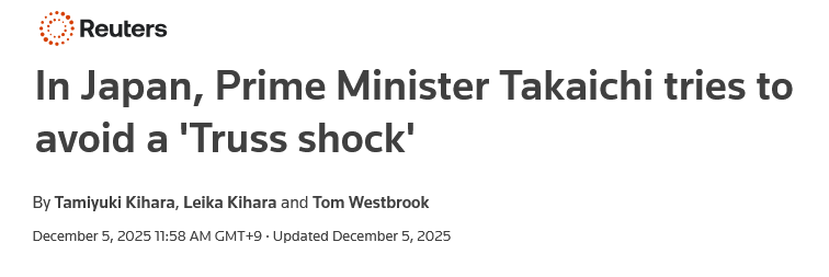 Headline of Reuters article of 5 December 2025.
Text:
"In Japan, Prime Minister Takaichi tries to avoid a 'Truss shock' "