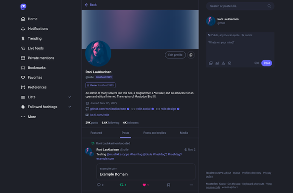 Screenshot of Mastodon v4.6.0-alpha.1 + Mastodon Bird UI 4.0.0rc