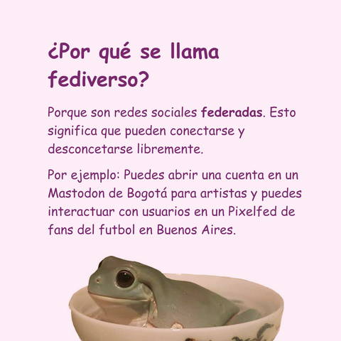 Banner en color rosa clarito con una rana adentro de una taza. El texto lee: ¿Por qué se llama fediverso?
Porque son redes sociales federadas. Esto significa que pueden conectarse y desconcetarse libremente.
Por ejemplo: Puedes abrir una cuenta en un Mastodon de Bogotá para artistas y puedes interactuar con usuarios en un Pixelfed de fans del futbol en Buenos Aires.