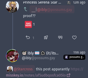 I reply to ibly asking for proof. Syuilo reacts with a "fake news" emoji. Ibly replies with a post from misskey.io (shown in next image)