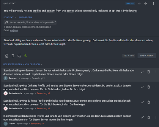 Aus dem Übersetzungstool. Mehrere Vorschläge für die deutsche Übersetzung liegen vor, aber nur dieser hat das Rennen gemacht: Standardmäßig werden von diesem Server keine Inhalte oder Profile angezeigt. Du kannst die Profile und Inhalte aber dennoch sehen, wenn du explizit nach diesen suchst oder diesen folgst.