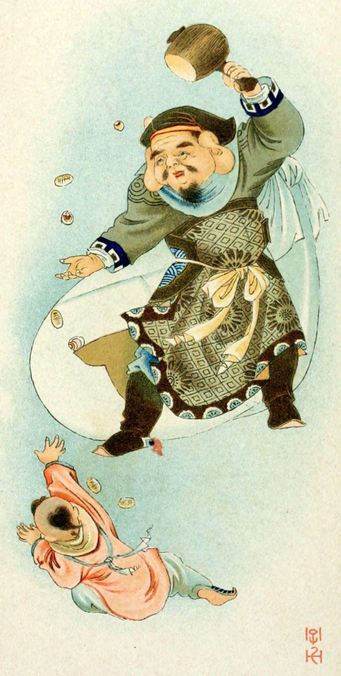 Painting of Daikokuten using his magic mallet to (rather threateningly) create gold coin for a boy.

Image thanks - https://ja.ukiyo-e.org/