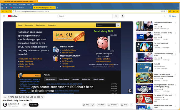 IceWeasel on Haiku viewing a YouTube video from Action Retro titled "You Should Daily Drive Haiku OS"