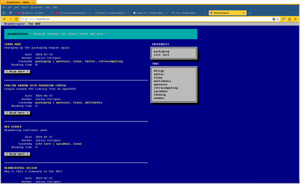 Home page of meander.site (personal website) viewed in IceWeasel on Haiku, with its DOS-era aesthetic.