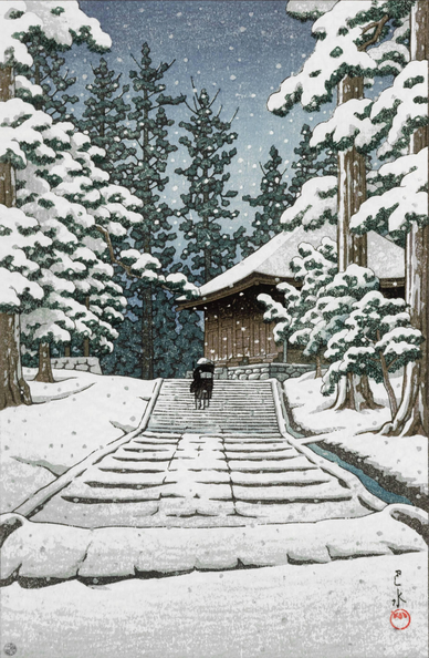 A winter evening at Chuson-ji temple, in Hiraizumi, Iwate Prefecture. A lone monk climbs the snow-covered stone steps toward the Konjiki-do. On either side of the steps, the branches of tall pine trees are heavy with snow; above, snow continues to fall from a dim night sky.