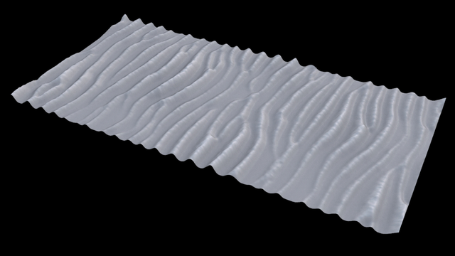 3D render of a simulated dune, showing a more classic long ripple pattern...
