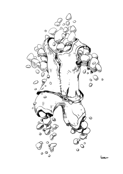 Drawing of a person's body turning into many potatoes