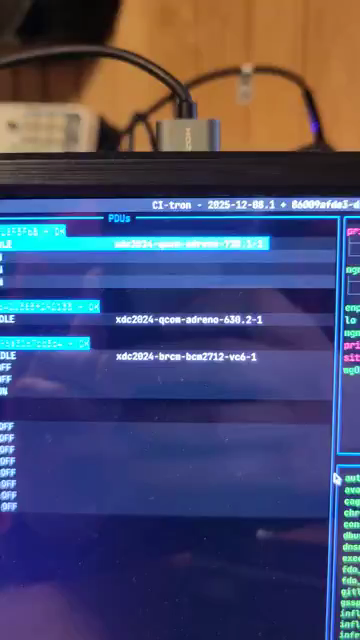 The sequence of running a test job in the official device. The ci-tron console first has the device as idle. Then the job starts, the phone boots to bootloader, the tests are sent to it, boots the Linux kernel (see the tux!), and tests are run, including testing unl0kr. Finally the test is done, the phone powered off, and goes back to idle