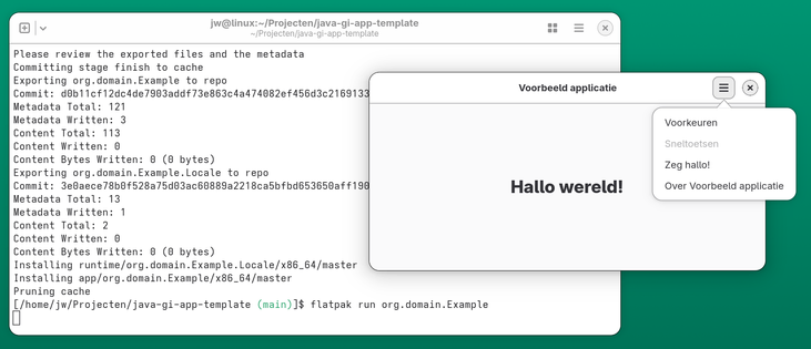 A screenshot of the template application. In the background, a terminal displays output of flatpak-builder.