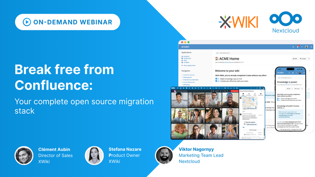 Webinar featured image “Break free from Confluence: Your complete open source migration stack” with title and details