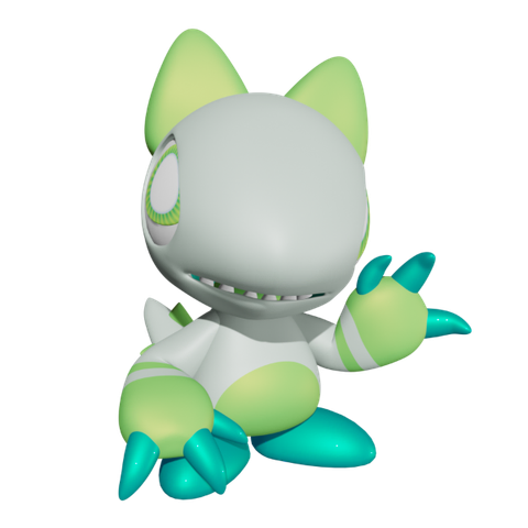 A 3D render of a green dragon like creature. She is looking up and waving to the camera.