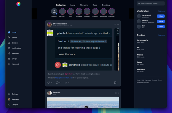 The new Pixelfed webUI in dark mode